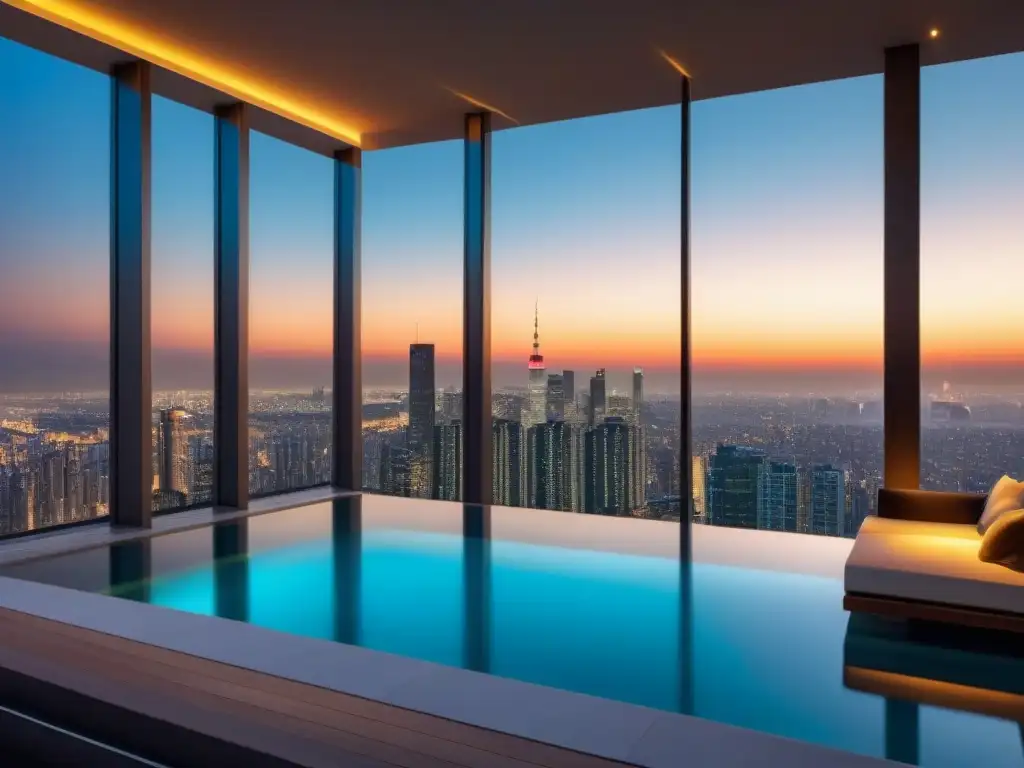 Penthouse de lujo con piscina infinita en metrópolis asiática Un penthouse de lujo con vista a la ciudad, decorado con elegancia y tecnología moderna