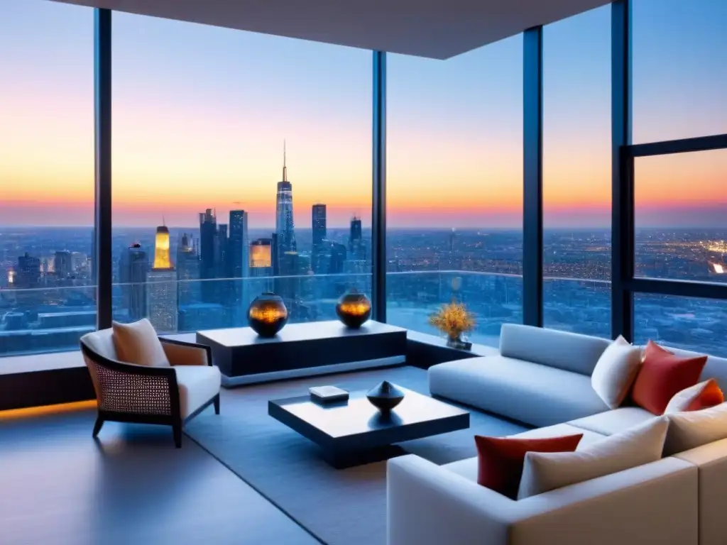 Penthouse de lujo con vistas panorámicas a la ciudad Un penthouse de lujo con vista a la ciudad, mobiliario elegante y toques metálicos