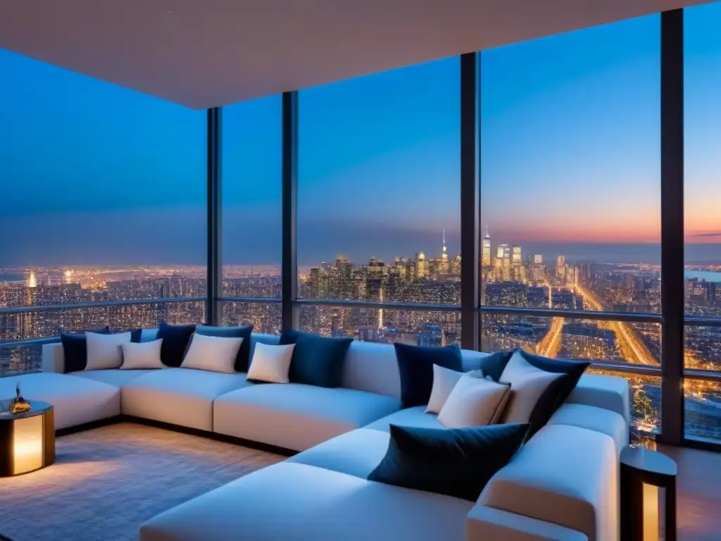 Penthouse de lujo con vista panorámica a la ciudad al atardecer Un penthouse de lujo con vista a la ciudad al atardecer, decoración elegante y exclusivas inversiones inmobiliarias internacionales