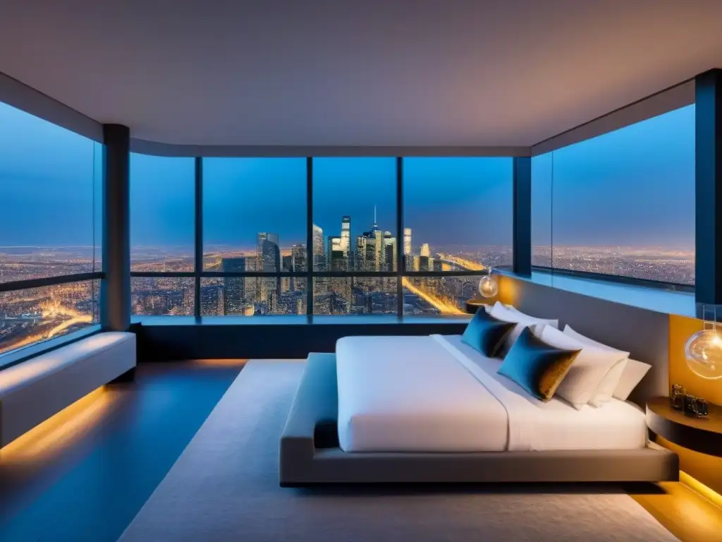 Suite de lujo con vista panorámica de la ciudad de noche Un penthouse de lujo con vista panorámica a la ciudad de noche