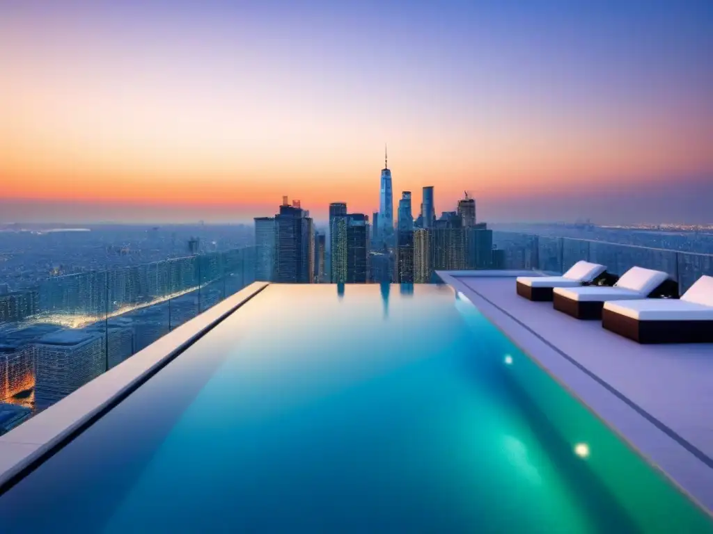 Penthouse de lujo con vistas panorámicas al atardecer Penthouse de lujo con vistas a la ciudad al atardecer y piscina infinita privada