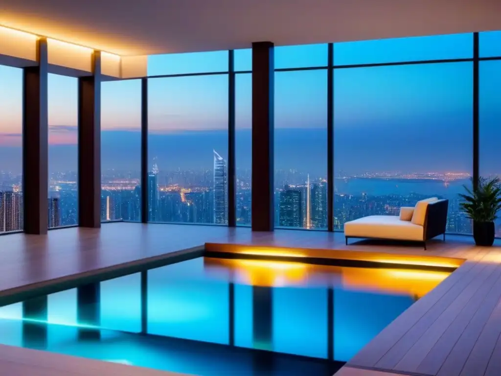 Penthouse de lujo con piscina infinita en la azotea Un penthouse de lujo con vistas a la ciudad, diseño minimalista moderno y una terraza con piscina infinita
