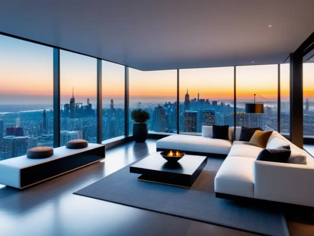 Penthouse de lujo con vistas a la ciudad al atardecer Un penthouse de lujo con vistas a la ciudad al atardecer, decorado con elegancia y estilo para una campaña de marketing inmobiliario