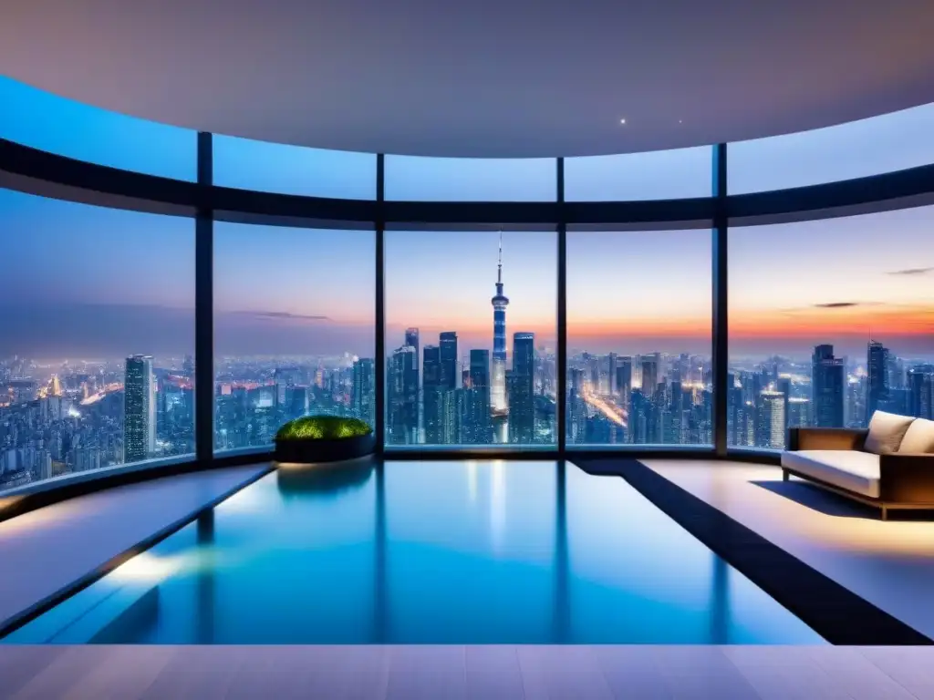 Penthouse de lujo en ciudad asiática: diseño moderno y vistas panorámicas Un penthouse lujoso en una ciudad asiática, con diseño elegante y comodidades hightech para propiedades de lujo Asia millennials