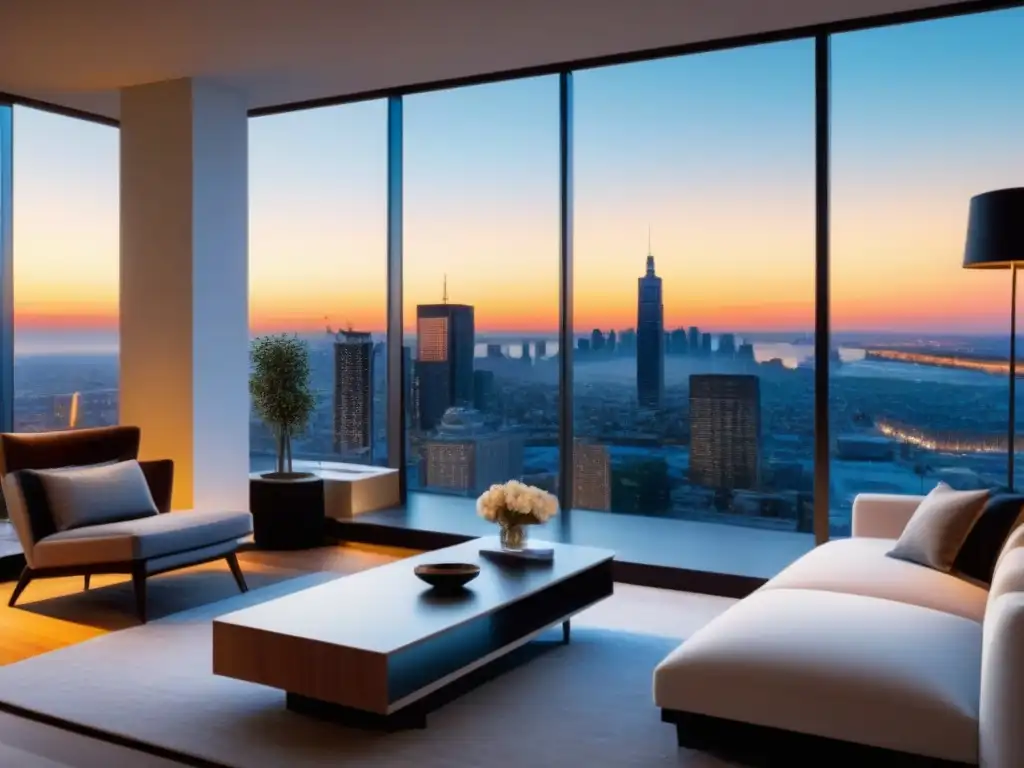 Penthouse de lujo con vista a la ciudad al atardecer: sofisticación urbana Un penthouse lujoso con diseño elegante y vistas urbanas al atardecer