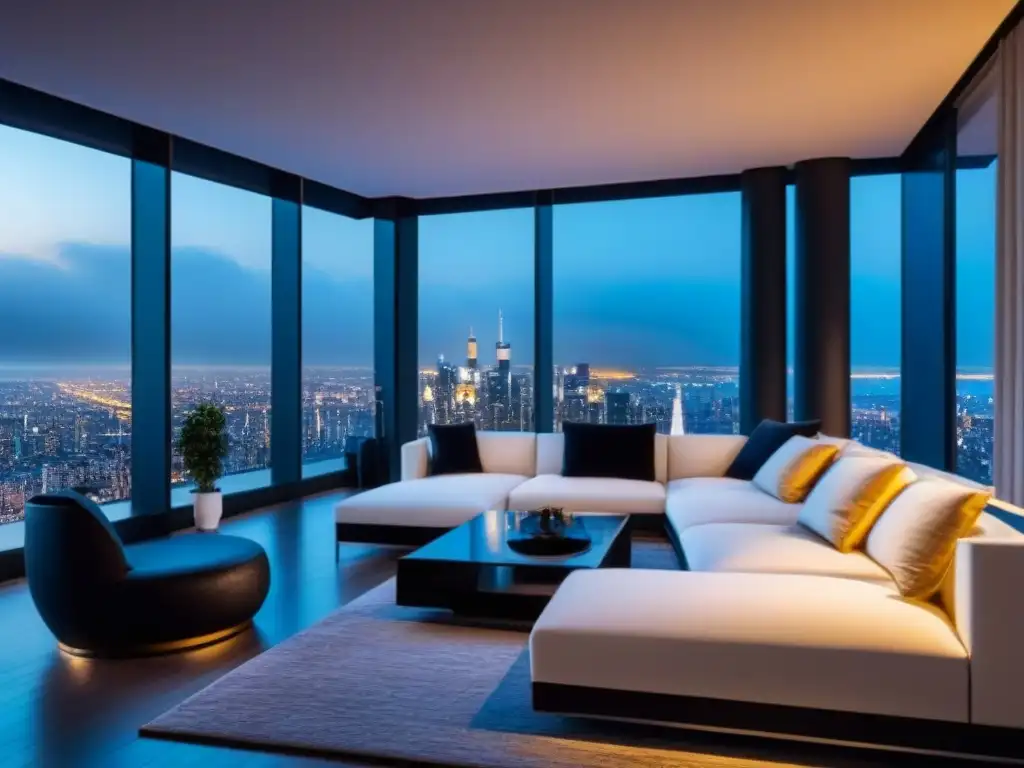 Penthouse de lujo con diseño vanguardista y vista nocturna de la ciudad Un penthouse lujoso con diseño moderno y sistemas de seguridad avanzados, vista nocturna de la ciudad