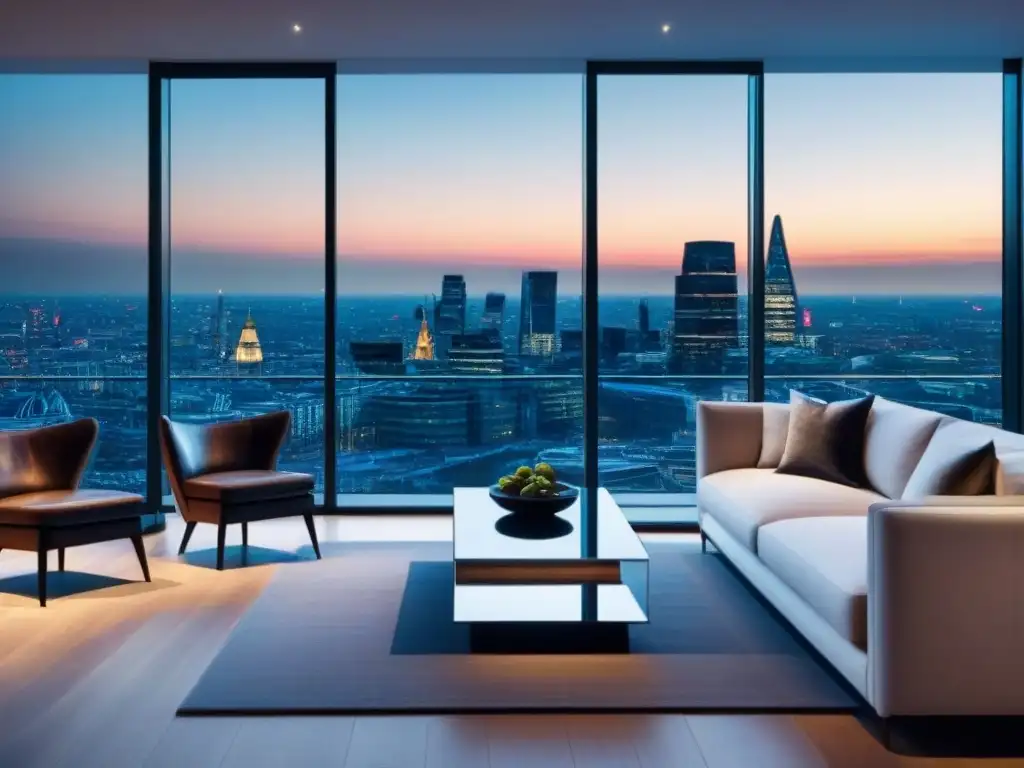 Ático de lujo en Londres al anochecer: opulencia urbana Un penthouse lujoso en Londres al anochecer, reflejando lujo urbano y diseño contemporáneo, ideal para el mercado inmobiliario de lujo postBrexit