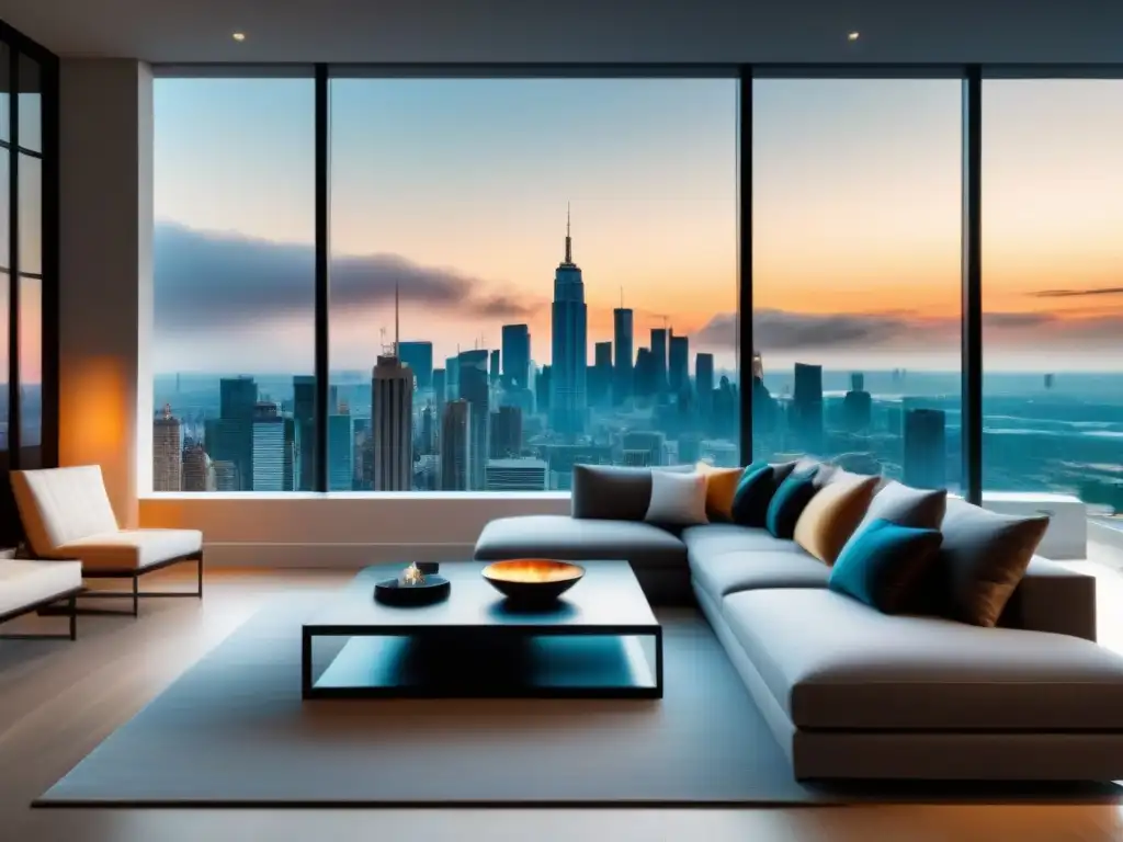Penthouse de lujo con vista panorámica en ciudad vibrante Un penthouse lujoso y moderno con vistas panorámicas de la ciudad