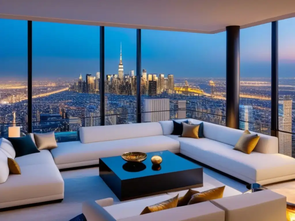 Penthouse de lujo: Vista aérea deslumbrante en metrópolis Un penthouse lujoso en un rascacielos, con diseño moderno y vista panorámica de la ciudad