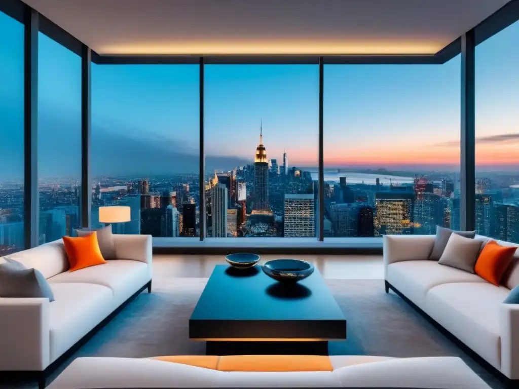 Penthouse de lujo con vista a la ciudad al atardecer Un penthouse lujoso con vista a la ciudad al atardecer, diseño contemporáneo y paleta de colores elegante
