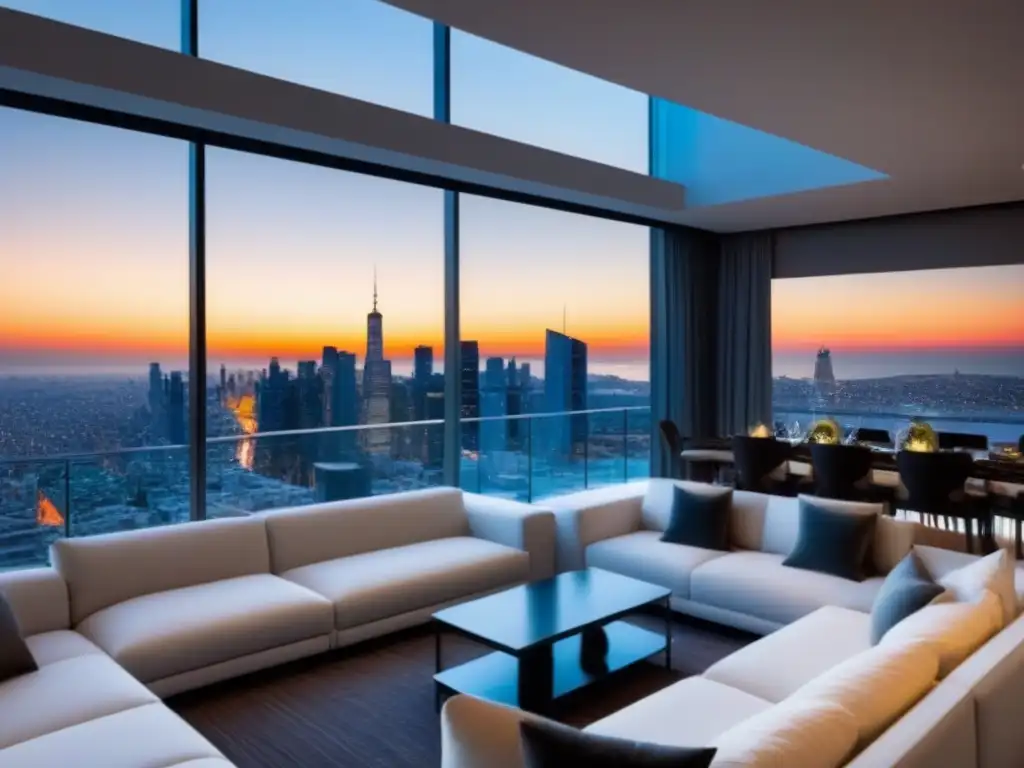 Penthouse moderno con vistas panorámicas al océano al atardecer Un penthouse lujoso con vista a la ciudad y al mar al atardecer