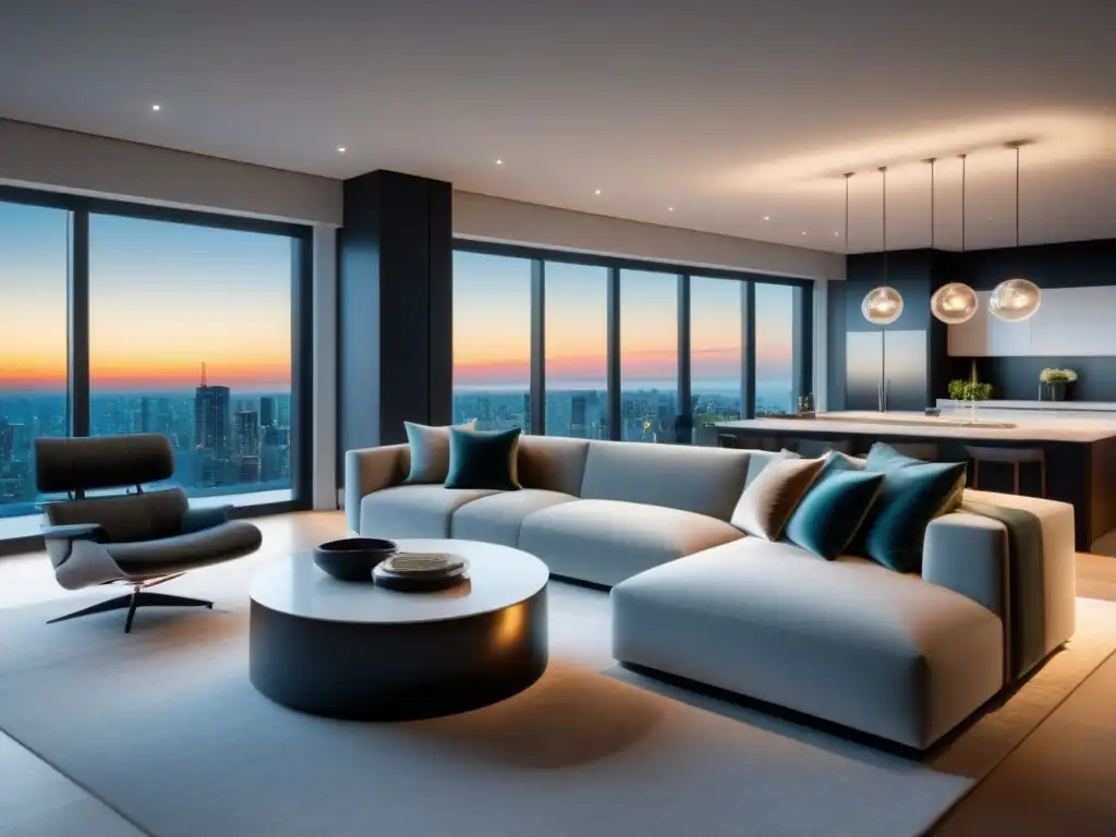Diseño de penthouse moderno de lujo: 8k detalle Un penthouse moderno de lujo con espacios multifuncionales en arquitectura: lounge, oficina, cocina y comedor integrados