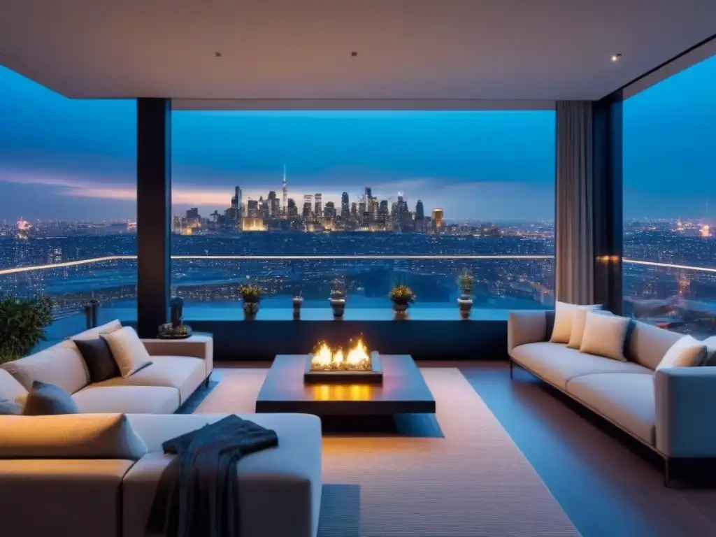 Penthouse de lujo con vistas panorámicas a la ciudad Un penthouse moderno de lujo con vista a la ciudad al atardecer, elegante diseño interior y muebles contemporáneos