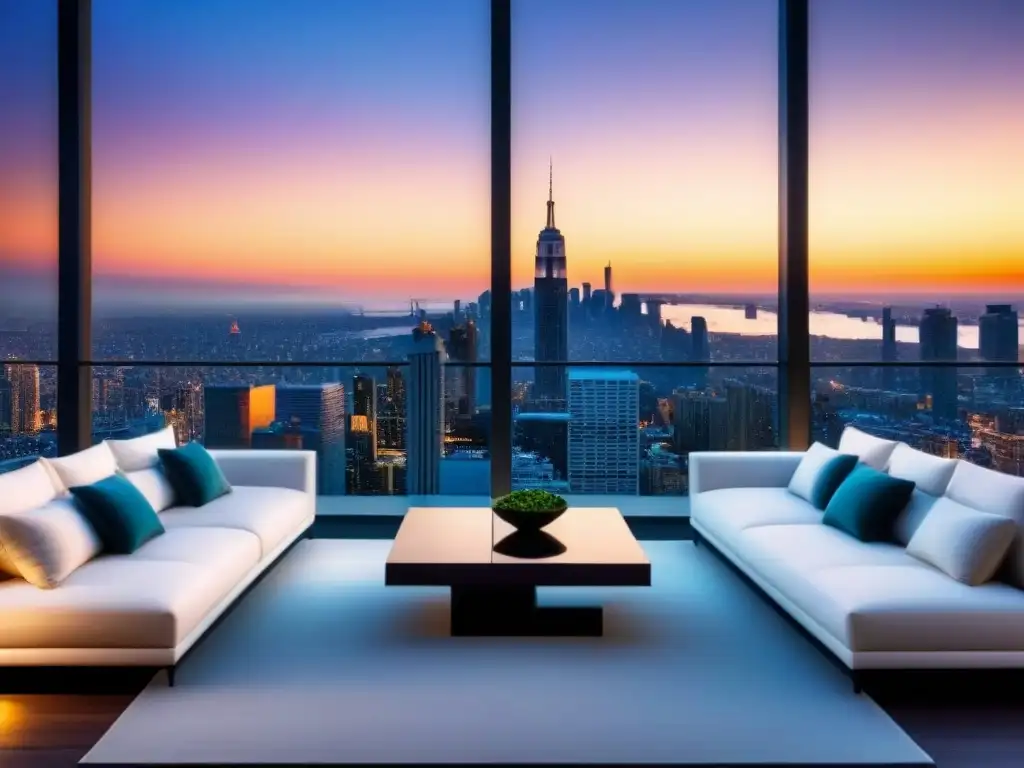 Penthouse de lujo con vistas panorámicas al atardecer Penthouse moderno de lujo con vista a la ciudad al atardecer