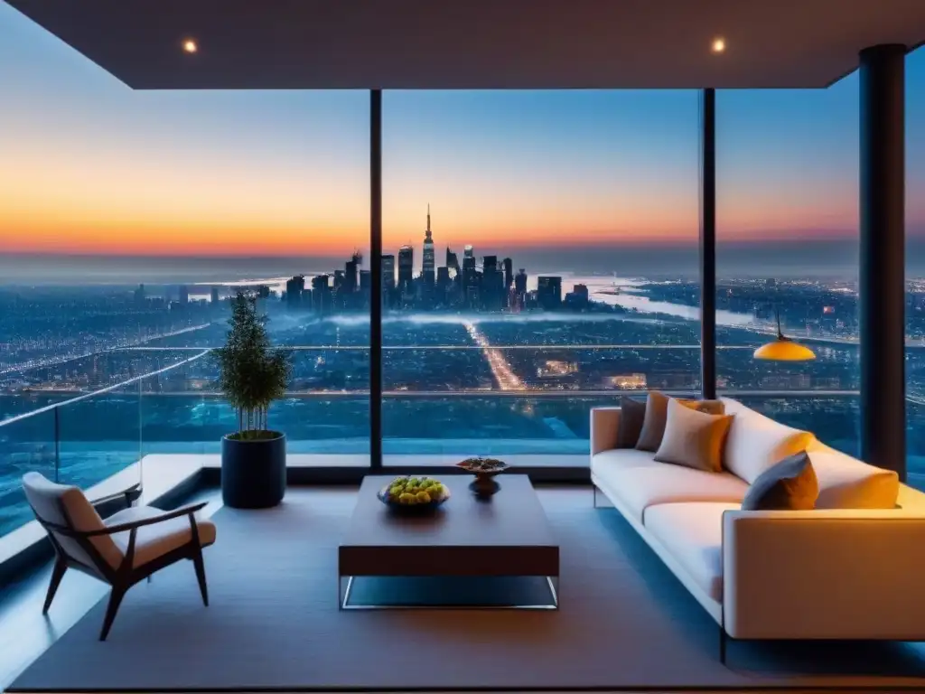 Penthouse de lujo con vistas panorámicas al atardecer Un penthouse moderno de lujo con vista a la ciudad al atardecer, diseño elegante y sofisticado, ideal para propiedades de lujo mercado global