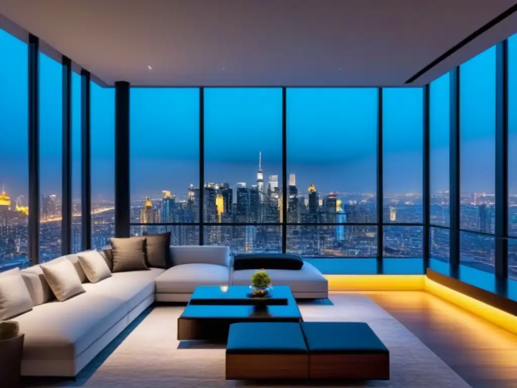 Penthouse moderno con vista panorámica nocturna de la ciudad Un penthouse moderno de lujo con vista panorámica de la ciudad de noche, destacando plataformas en la nube inmobiliario