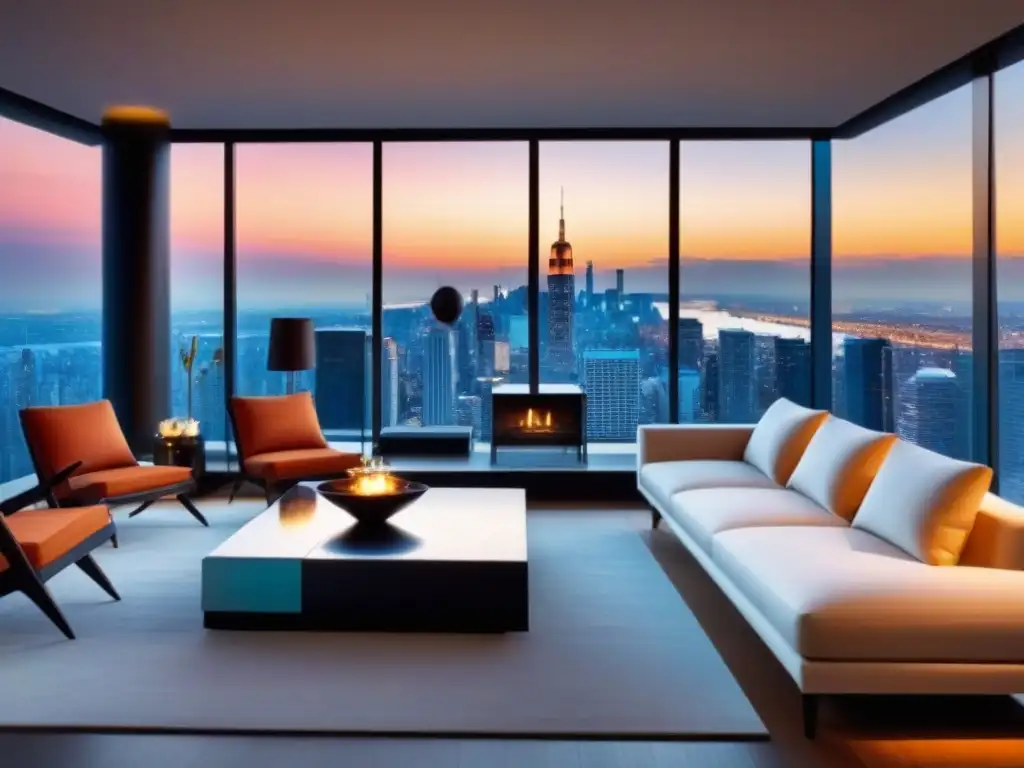 Penthouse de lujo con vista panorámica en la ciudad Un penthouse moderno de lujo con vista a la ciudad y mobiliario contemporáneo, perfecto para influencers mercado inmobiliario internacional