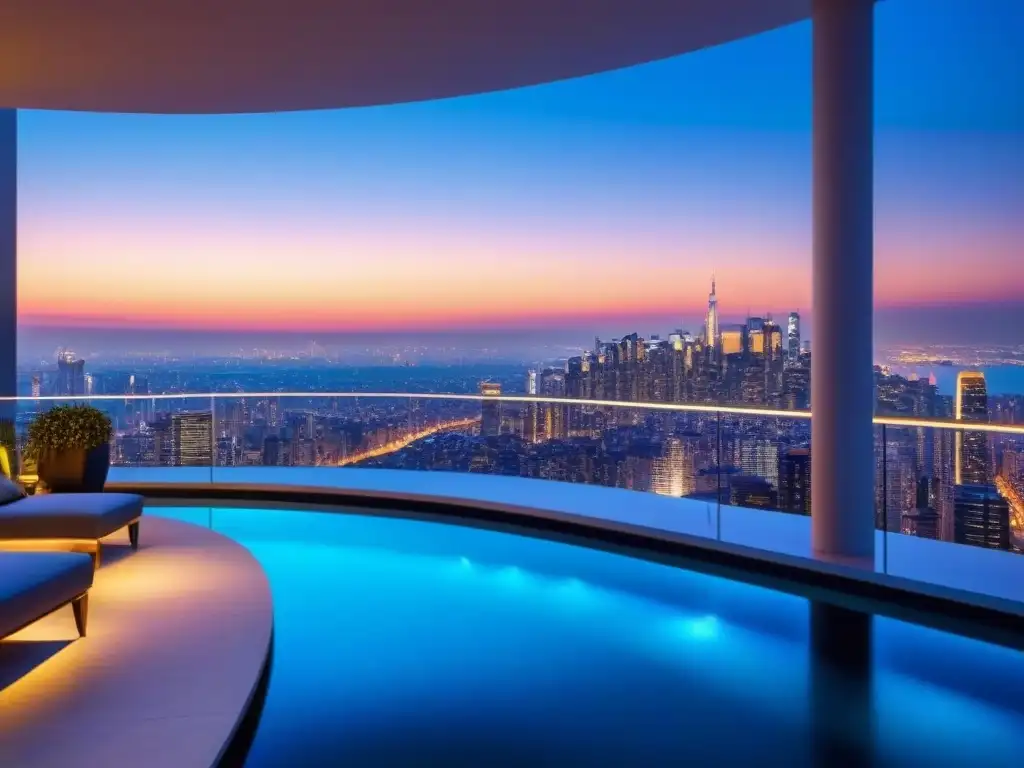 Penthouse de lujo con piscina infinita y vista urbana al atardecer Un penthouse moderno de lujo con vista a la ciudad al atardecer, muebles contemporáneos y una terraza elegante con piscina infinita