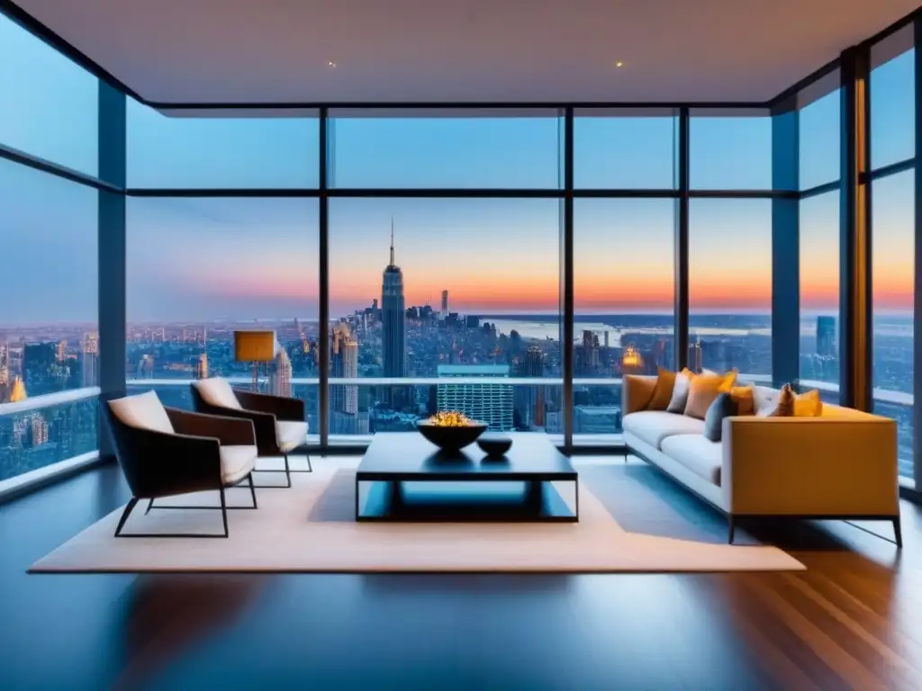 Penthouse de lujo con vistas panorámicas en metrópolis Un penthouse moderno de lujo con vista a la ciudad, diseño interior elegante y tecnología de vanguardia