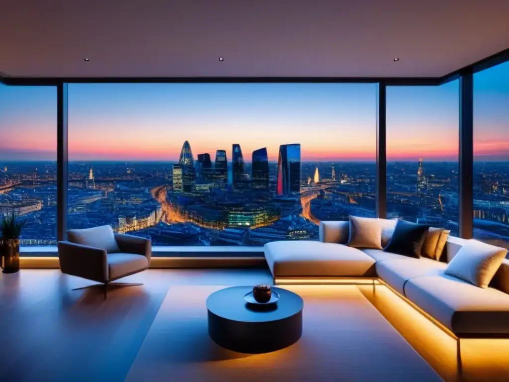 Penthouse de lujo en Londres: atardecer con vistas panorámicas Penthouse moderno de lujo con vista a Londres al atardecer, diseño contemporáneo y toque de sofisticación británica en medio de la incertidumbre del Brexit mercado inmobiliario lujo