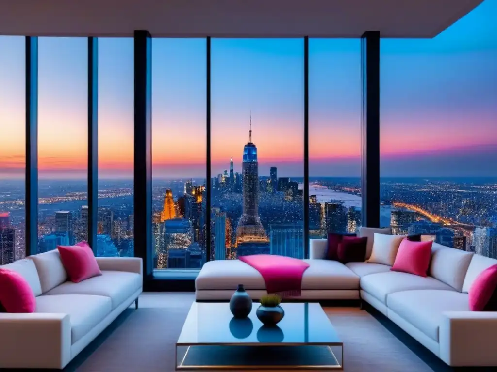 Penthouse de lujo con vista panorámica a la ciudad al atardecer Un penthouse moderno de lujo con vista a la ciudad al atardecer, ideal para mercados inmobiliarios lujo emergentes análisis