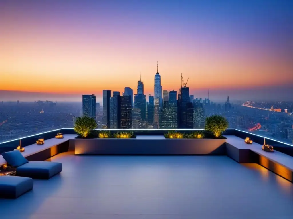 Penthouse de lujo con vista panorámica al atardecer Penthouse moderno de lujo con vista a la ciudad al atardecer, elegante diseño y terraza amplia