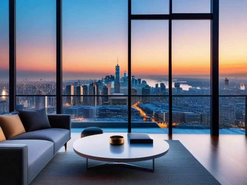 Penthouse de lujo con vista panorámica al atardecer Penthouse moderno de lujo con vista a la ciudad al atardecer