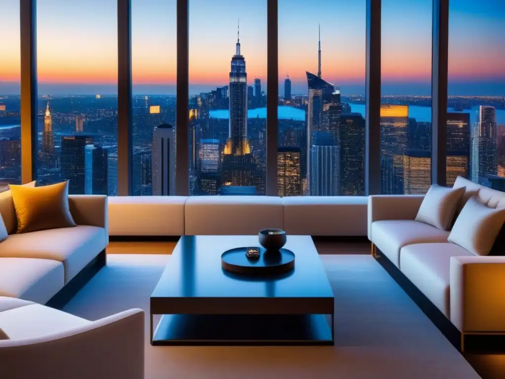 Penthouse de lujo con vista a la ciudad al atardecer Un penthouse moderno de lujo con vista a la ciudad al atardecer, simbolizando exclusividad en inversiones inmobiliarias internacionales