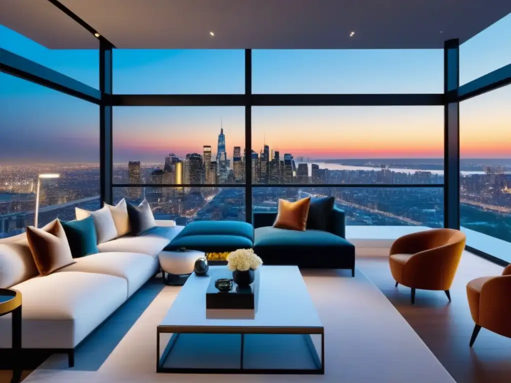 Penthouse de lujo con vistas panorámicas a la ciudad al atardecer Un penthouse moderno de lujo con vista panorámica a la ciudad al anochecer