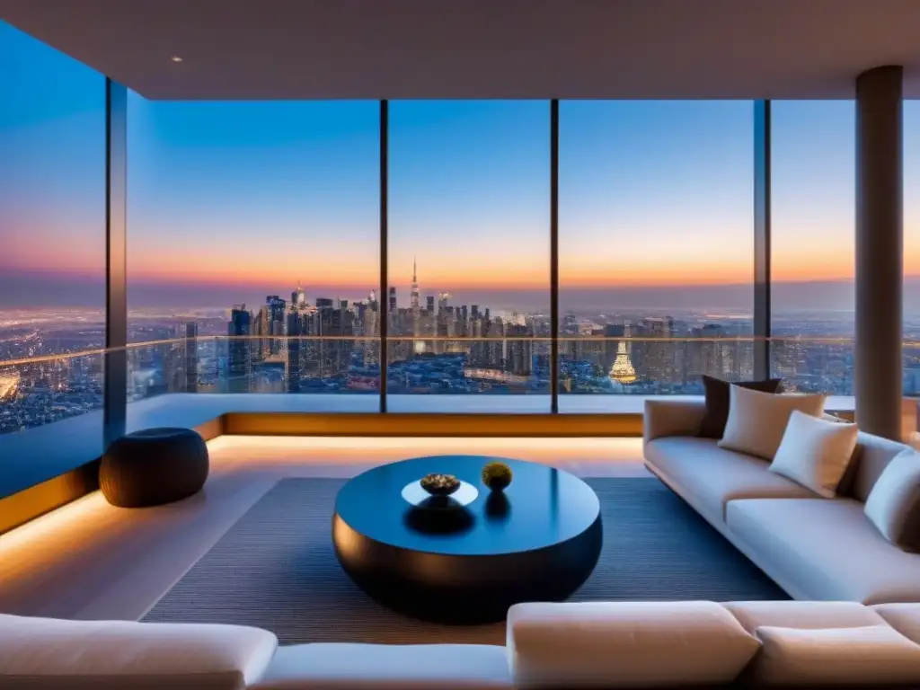 Penthouse de lujo con vistas panorámicas al atardecer Un penthouse moderno de lujo con vista a la ciudad al anochecer, diseño interior elegante y exclusivo, oportunidades únicas mercado lujo