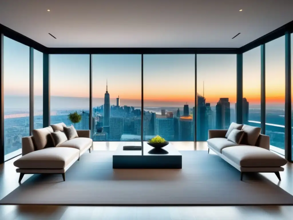 Penthouse de lujo con diseño sofisticado y vistas panorámicas de la ciudad Un penthouse moderno de lujo con vista a la ciudad, mobiliario contemporáneo y tecnología de vanguardia