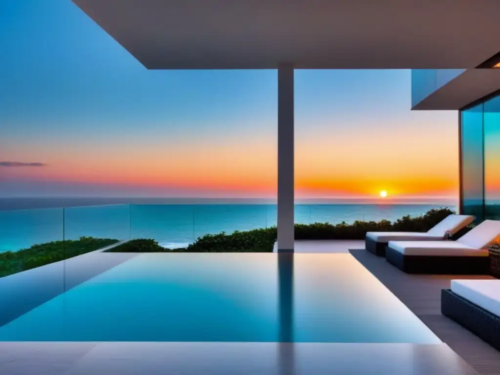Penthouse de lujo con piscina infinita y vista al mar Un penthouse moderno de lujo con vista a la playa, muebles contemporáneos y piscina infinita privada
