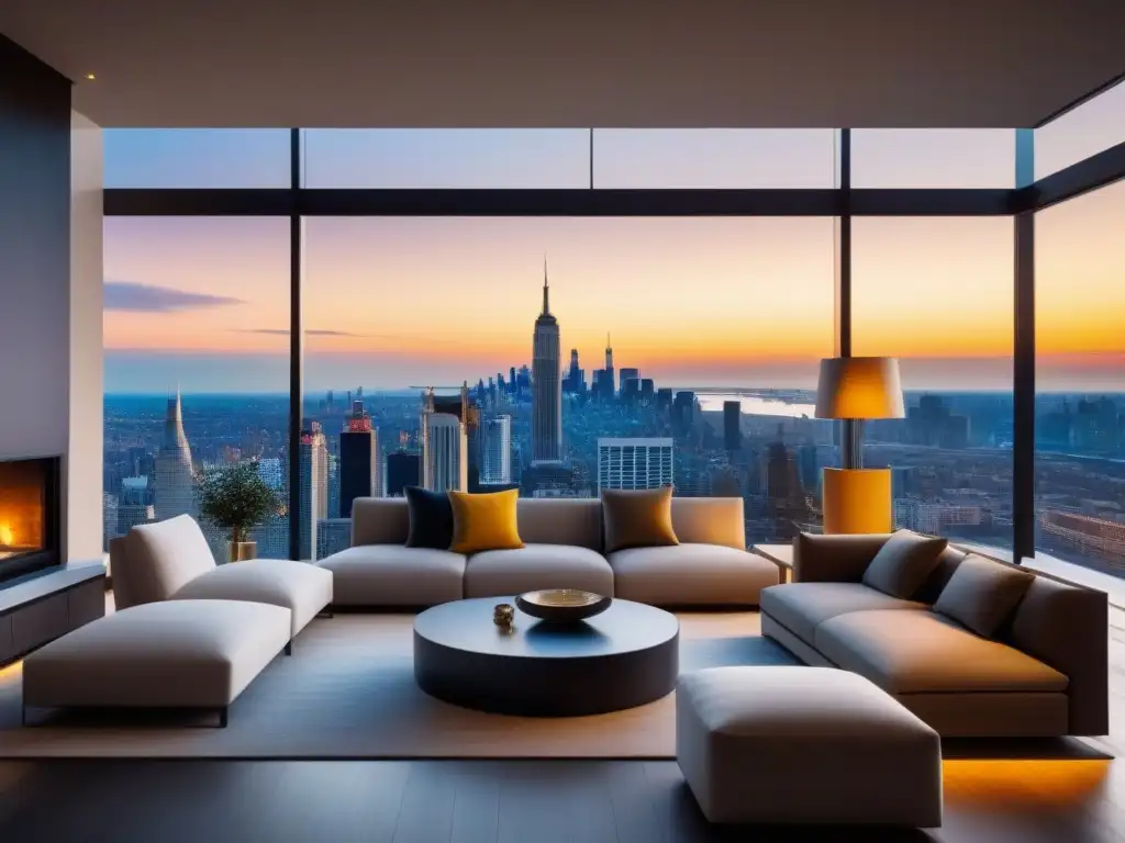 Exclusivo penthouse moderno con vista a la ciudad de noche Un penthouse moderno de lujo con vista a la ciudad de noche, crea una atmósfera exclusiva para inversionistas globales