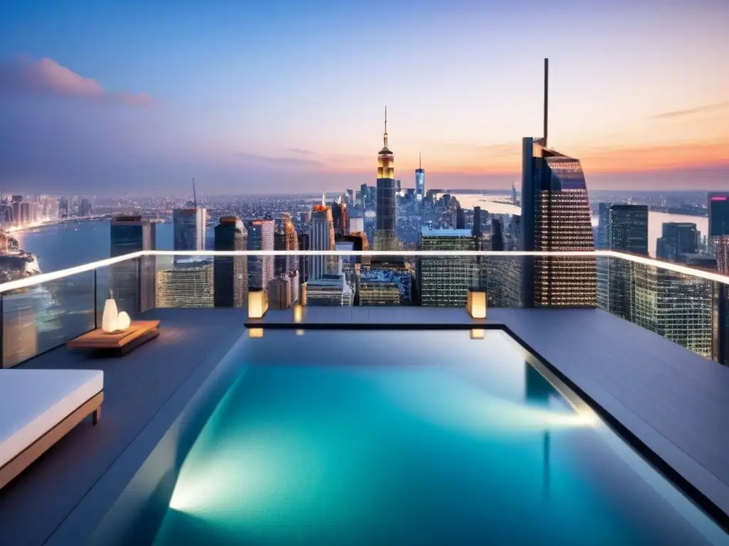 Ático de lujo con vistas a la ciudad: diseño moderno y elegante en 2023 Un penthouse moderno de lujo con vista a la ciudad, diseño elegante, terraza con piscina y muebles contemporáneos