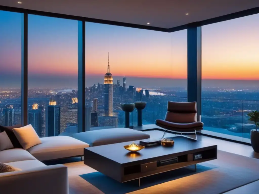 Penthouse de lujo con vista panorámica al atardecer Un penthouse moderno de lujo con vista a la ciudad al atardecer