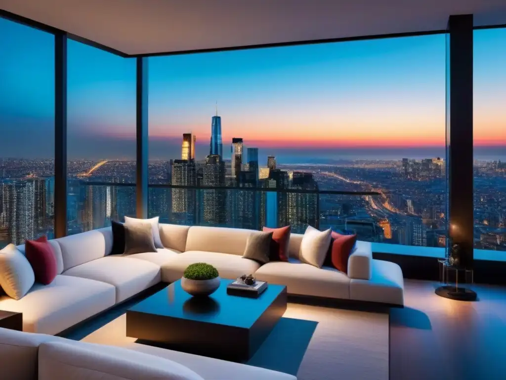 Exclusivo penthouse de lujo con vista panorámica de ciudad al atardecer Un penthouse moderno de lujo con vista a la ciudad al atardecer
