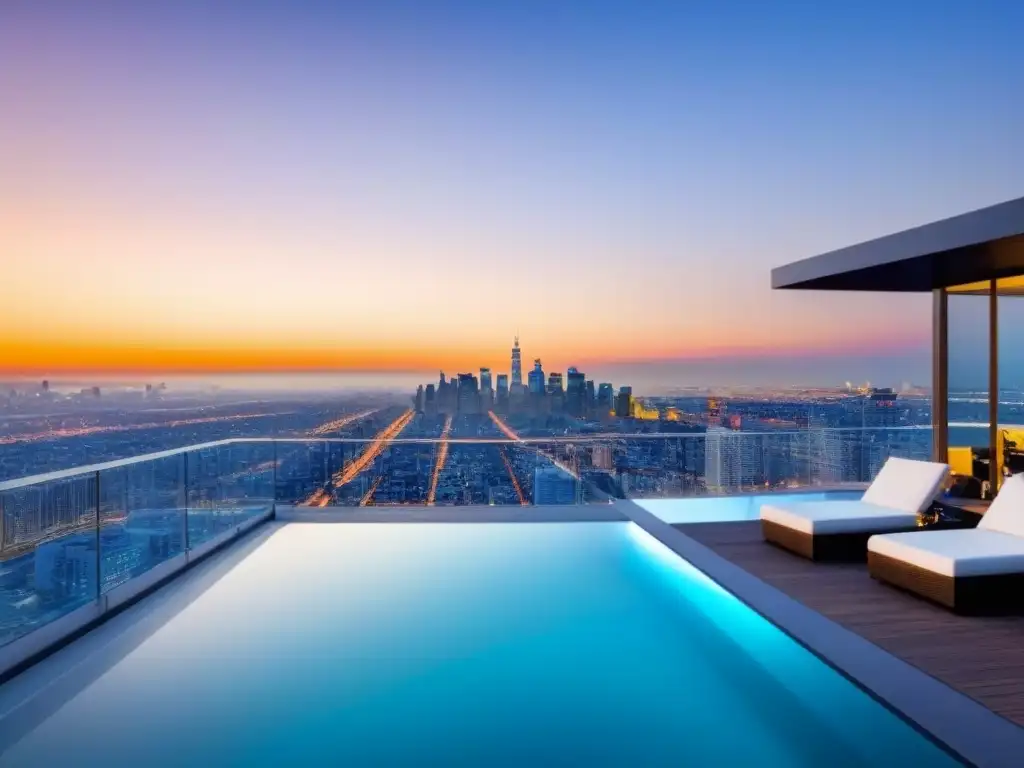 Penthouse de lujo con piscina infinita y vista panorámica al atardecer Un penthouse moderno de lujo con vistas a la ciudad, ventanales, diseño contemporáneo, cocina elegante y terraza con piscina infinita al atardecer