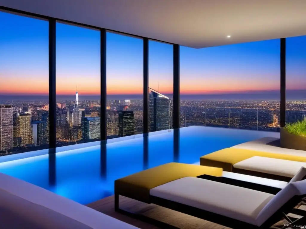 Penthouse de lujo con piscina infinita y vistas panorámicas al atardecer Penthouse moderno de lujo con vistas a la ciudad al atardecer y terraza con piscina infinita, ideal para estrategias para aumentar valor propiedades