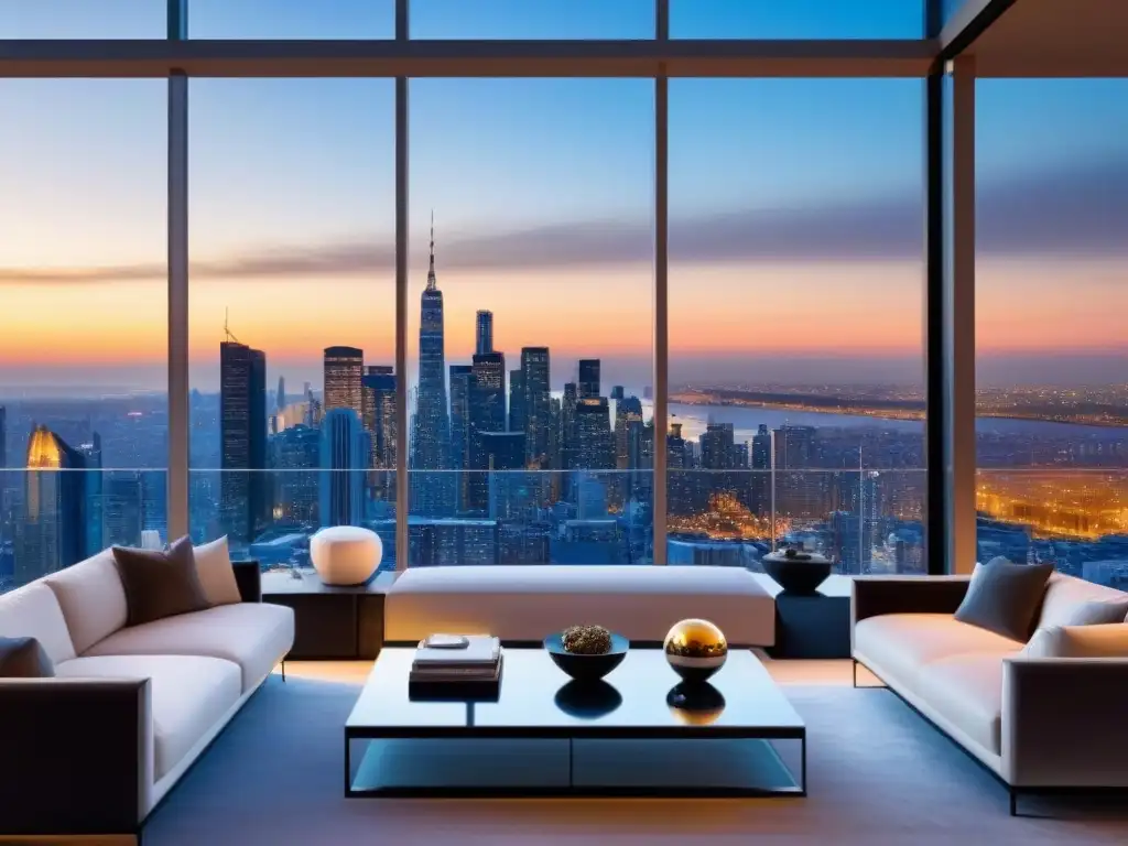 Penthouse de lujo con vista panorámica al atardecer Penthouse moderno de lujo con vistas a la ciudad al atardecer, mobiliario contemporáneo y terraza espaciosa