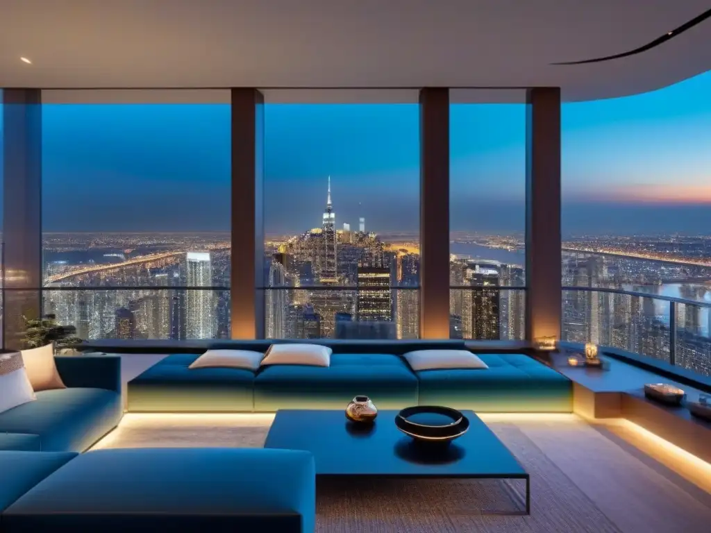 Exclusivo penthouse de lujo con tecnología IoT Un penthouse moderno de lujo con vistas a la ciudad de noche, diseño elegante y tecnología IoT en inmobiliario de lujo