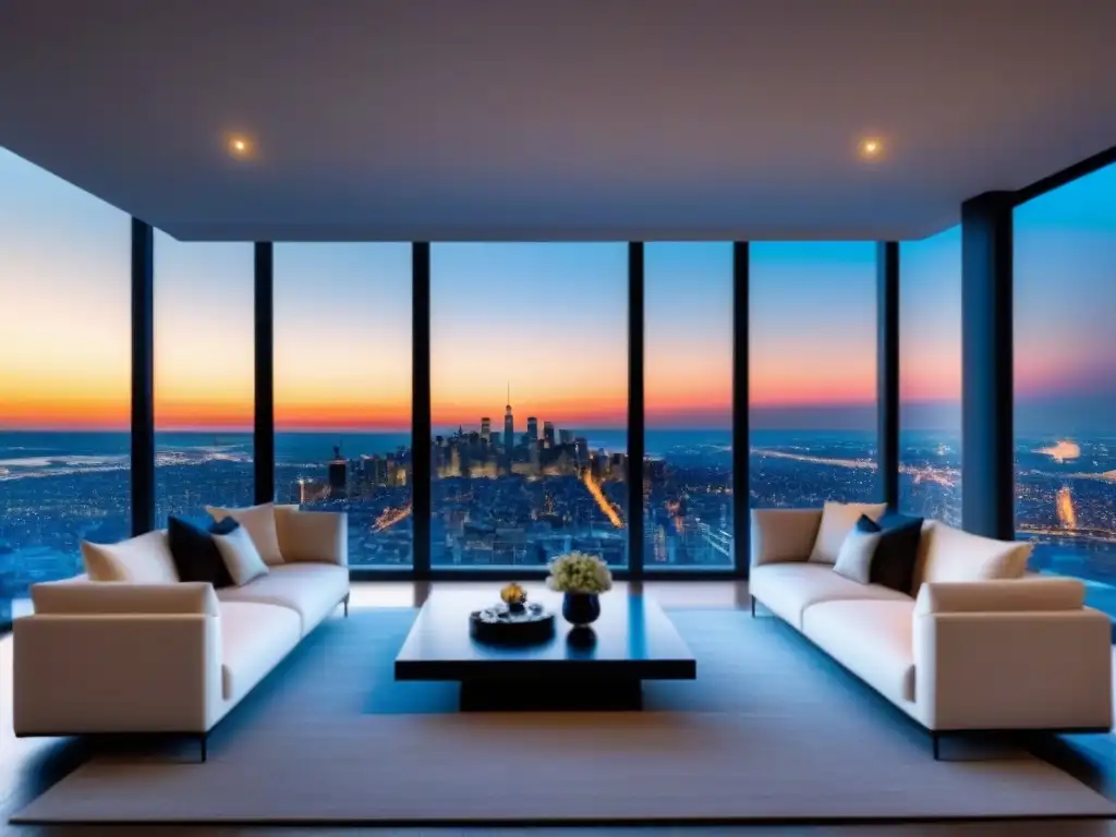 Penthouse de lujo con vista panorámica y diseño contemporáneo Un penthouse moderno de lujo con vistas a la ciudad, mobiliario elegante, chimenea de mármol y terraza amplia con atardecer