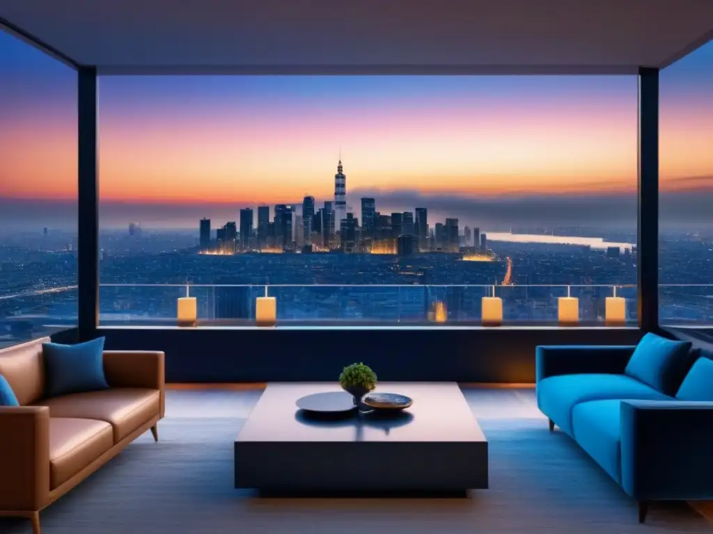 Penthouse de lujo con vistas urbanas al anochecer Un penthouse moderno y lujoso con impacto migración mercado inmobiliario, iluminado por la ciudad al anochecer