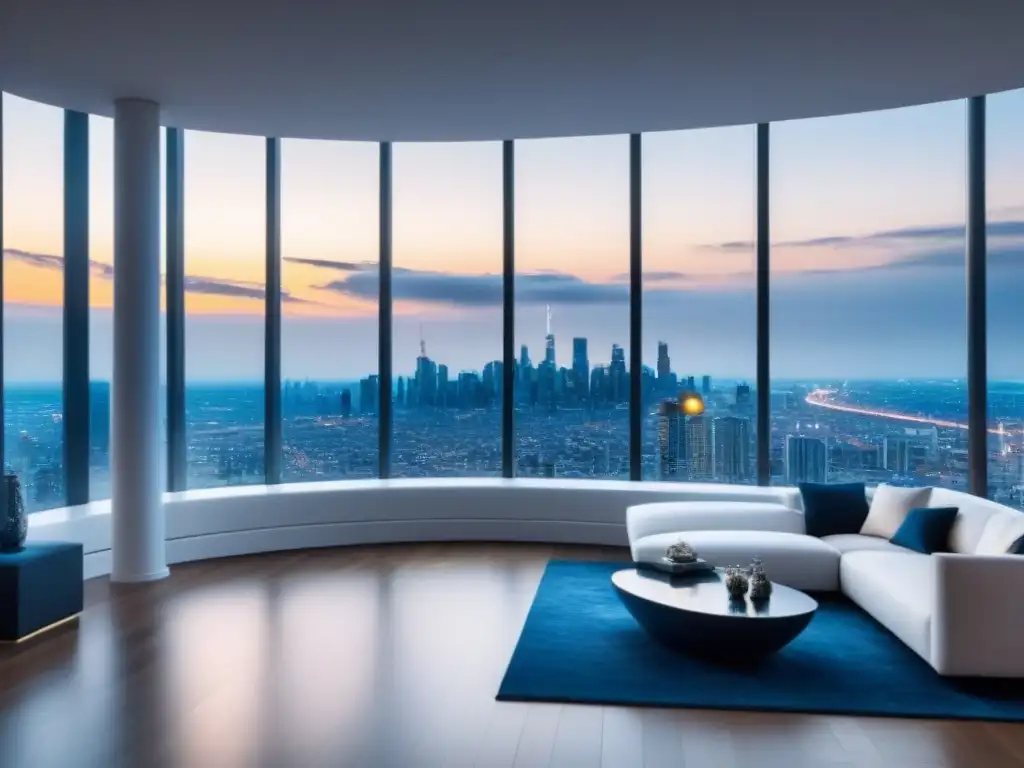 Penthouse de lujo con tecnología inteligente en ciudad futurista Un penthouse moderno y lujoso con tecnología inteligente en una ciudad futurista