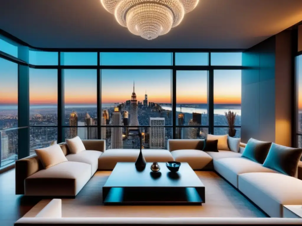 Penthouse de lujo con vista a la ciudad y diseño contemporáneo Un penthouse moderno y lujoso con vista a la ciudad, decorado con elegancia y opulencia