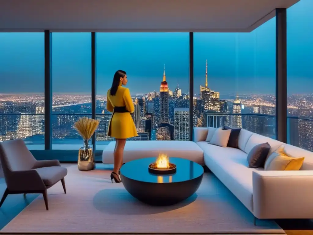 Exclusivo penthouse moderno con vista a la ciudad al atardecer Un penthouse moderno y lujoso con vista a la ciudad al anochecer, decorado con elegancia y sofisticación