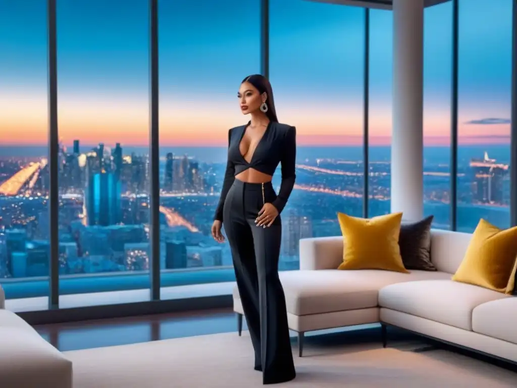 Penthouse de lujo en ciudad vibrante: sofisticación y elegancia Un penthouse moderno y lujoso con vista a la ciudad, elegante y cálido, reflejando estrategias de personalización en marketing inmobiliario