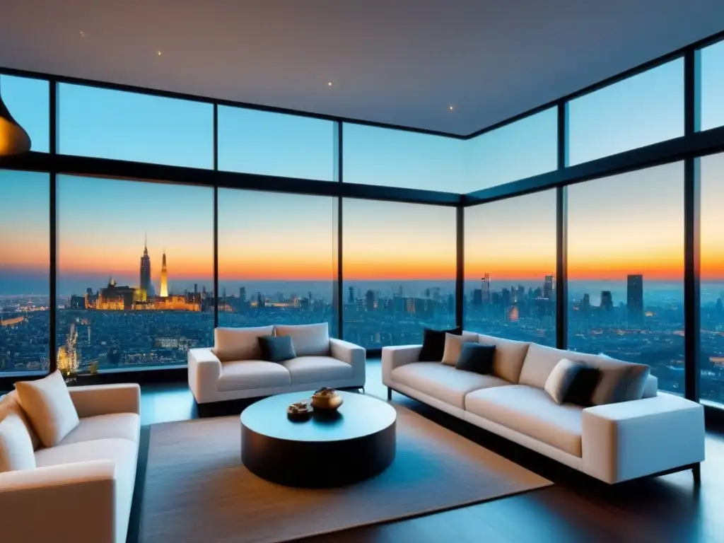 Penthouse de lujo: vistas urbanas y diseño contemporáneo Un penthouse moderno y lujoso con vista a la ciudad, muebles contemporáneos y ambiente cálido