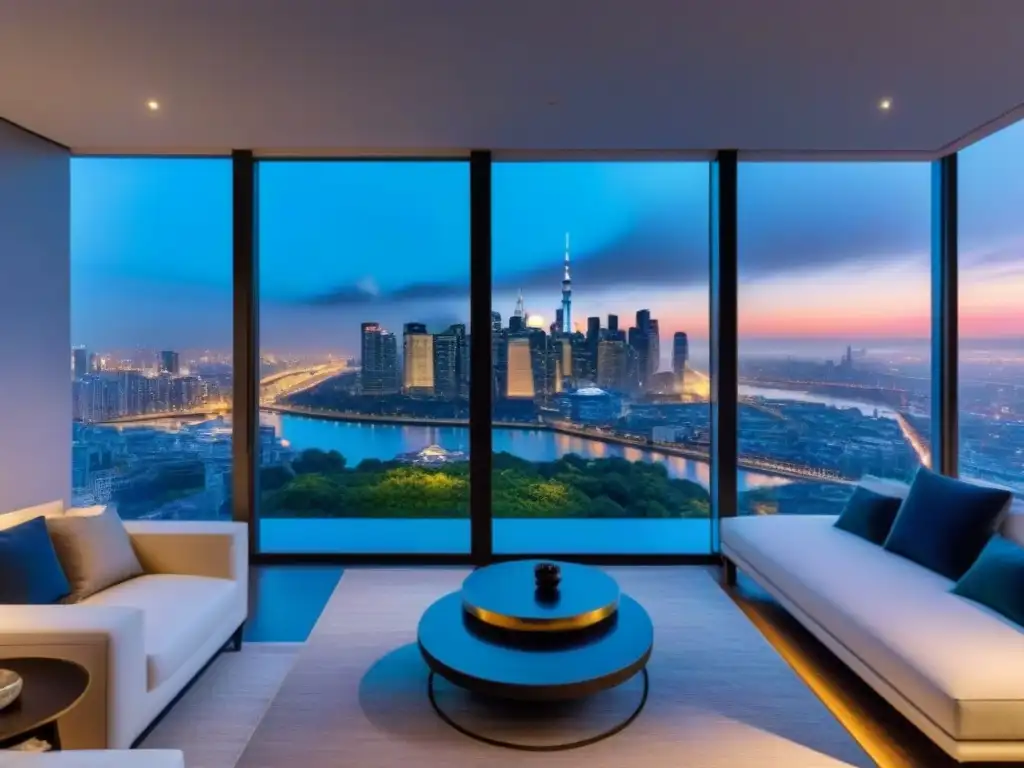 Penthouse moderno con vista panorámica de la ciudad de noche Un penthouse moderno y lujoso con vista panorámica de la ciudad de noche, diseño elegante y tecnología innovadora
