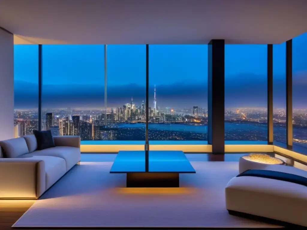 Penthouse de lujo con vistas a la ciudad y piscina infinita Un penthouse moderno y lujoso con vista a la ciudad de noche, decoración elegante y piscina infinita privada
