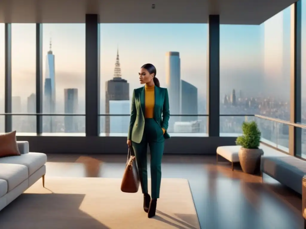 Penthouse de lujo con vistas panorámicas en metrópolis Un penthouse moderno y lujoso con vista a una ciudad llena de rascacielos
